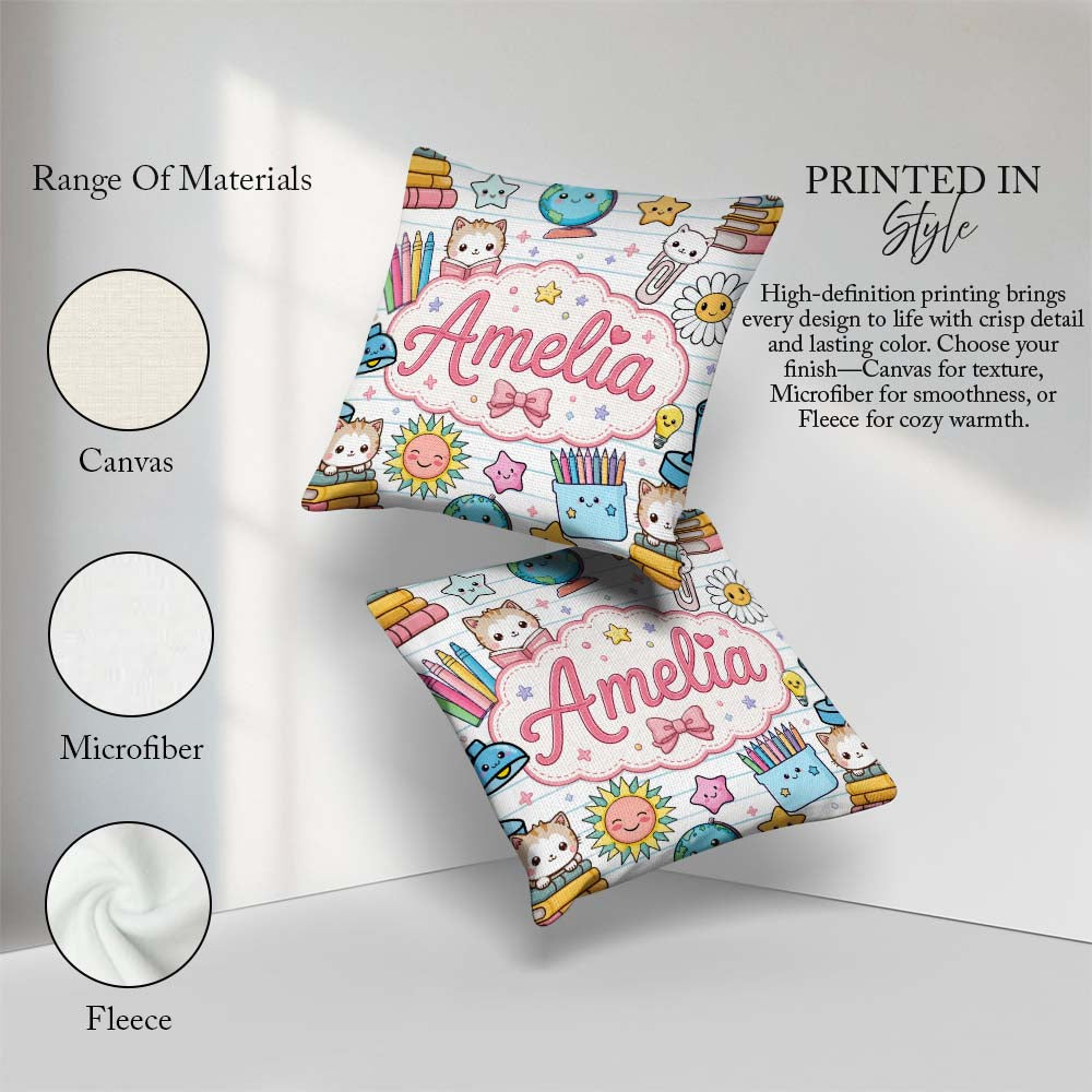 Custom Name Kawaii School Cat Books Seamless Pattern Blue Lines Square Filled Cushion Throw Pillow Sofa Bed Home Decor Zip Washable UK Made