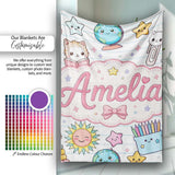 Cute Kawaii School Cat Books Stationery Seamless Pattern Blue Lines  Personalised Custom Name Super Soft Fleece Blanket Bed Sofa Throw