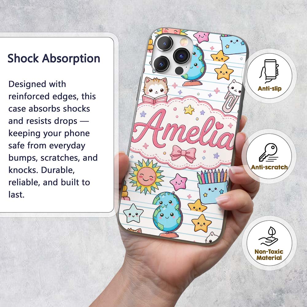 Cute Kawaii School Cat Books Stationery Seamless Custom Name Protective Phone Case Mobile Cover Durable Everyday Smartphone Shock Resistant