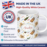 Personalized Custom Name Rustic Christmas Angel House Tree Stars Seamless Pattern Lovely 11oz Ceramic Coffee Tea Mug White Large Handle