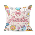 Custom Name Kawaii School Cat Books Seamless Pattern Pink Lines Square Filled Cushion Throw Pillow Sofa Bed Home Decor Zip Washable UK Made