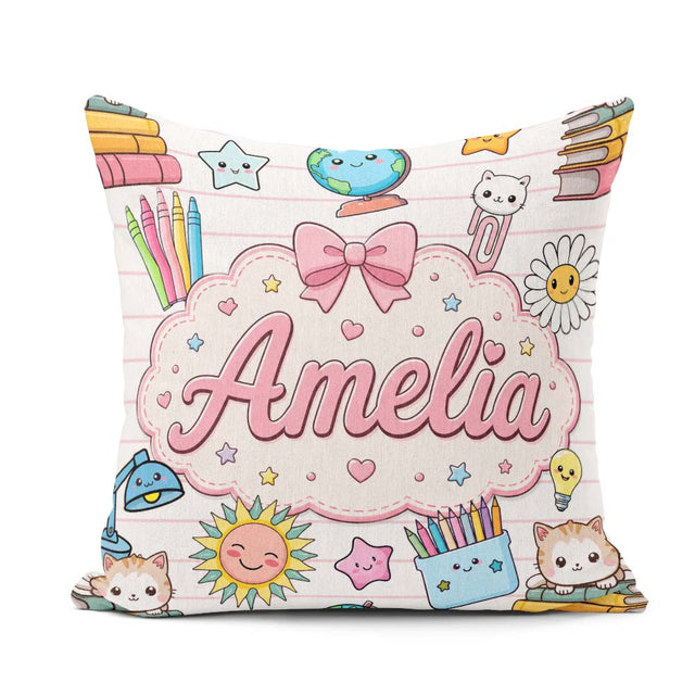 Custom Name Kawaii School Cat Books Seamless Pattern Pink Lines Square Filled Cushion Throw Pillow Sofa Bed Home Decor Zip Washable UK Made