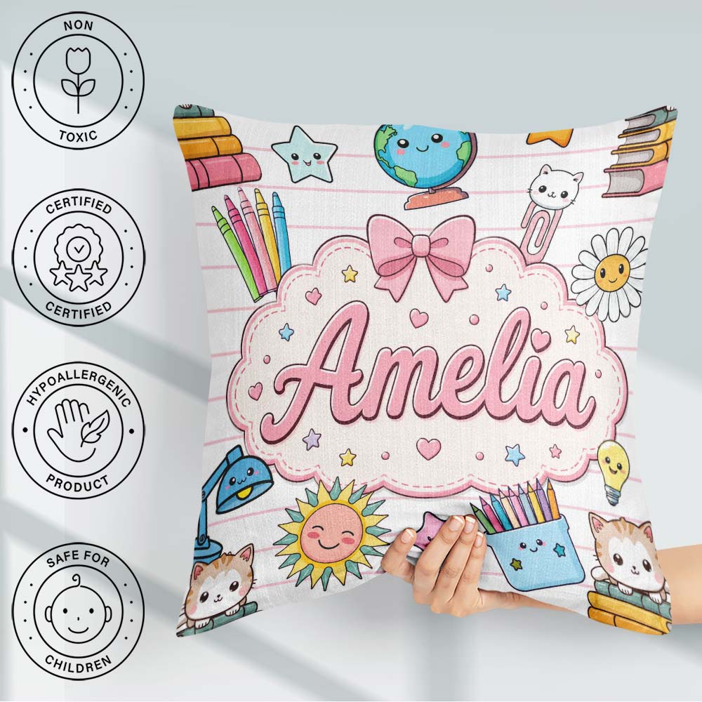 Custom Name Kawaii School Cat Books Seamless Pattern Pink Lines Square Filled Cushion Throw Pillow Sofa Bed Home Decor Zip Washable UK Made