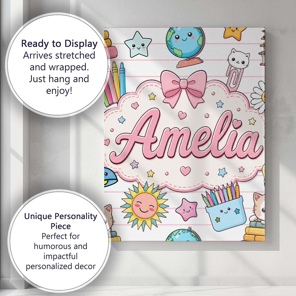 Personalised Name Cute Kawaii School Cat Custom  Unique Gift Idea Elegant Feature Canvas Wall Art Print Decor Picture Ready to Hang
