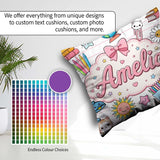 Custom Name Kawaii School Cat Books Seamless Pattern Pink Lines Square Filled Cushion Throw Pillow Sofa Bed Home Decor Zip Washable UK Made