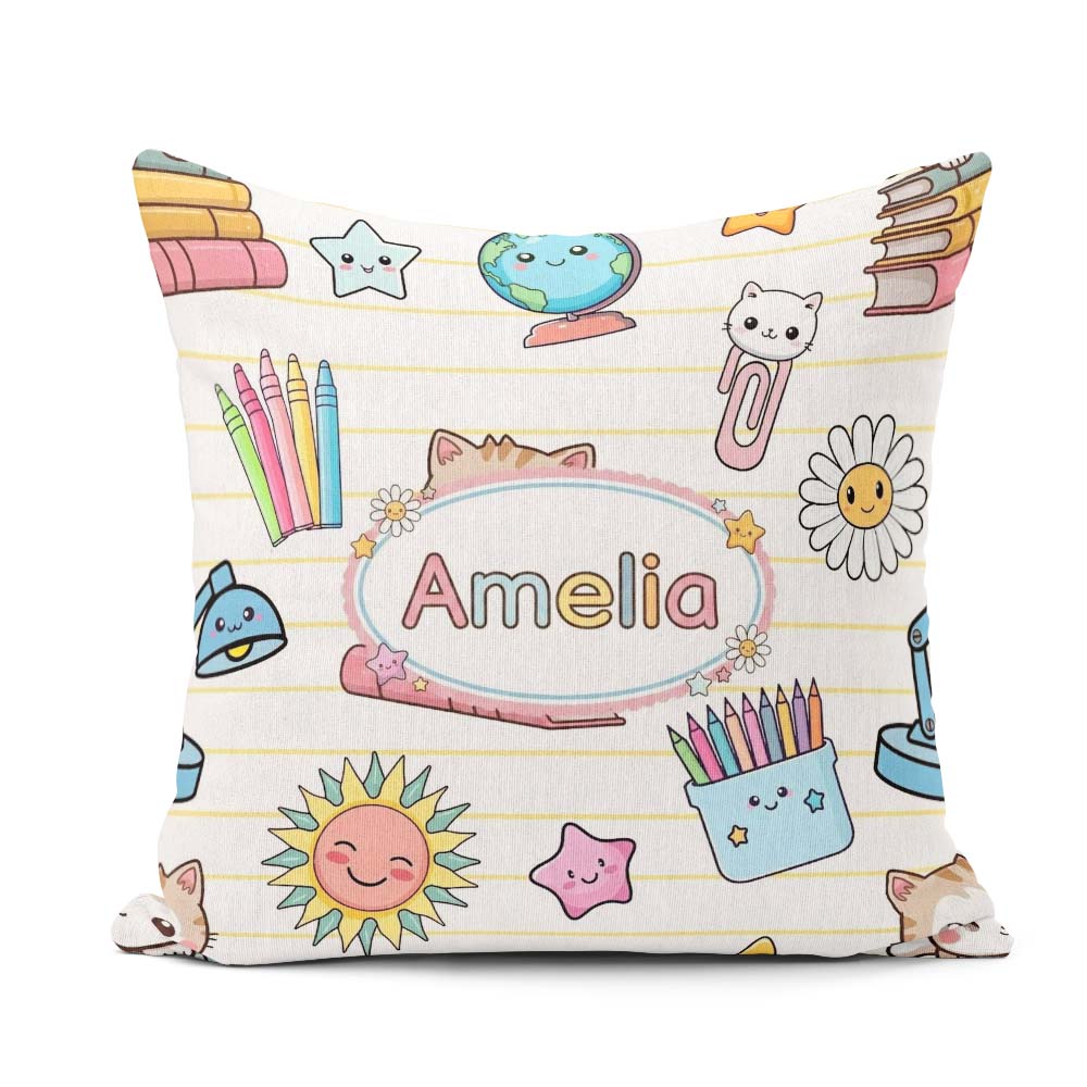Custom Name Cute Kawaii School Cat Books Stationery Yellow Lines Square Filled Cushion Throw Pillow Sofa Bed Home Decor Zip Washable UK Made