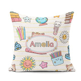 Custom Name Cute Kawaii School Cat Books Stationery Yellow Lines Square Filled Cushion Throw Pillow Sofa Bed Home Decor Zip Washable UK Made
