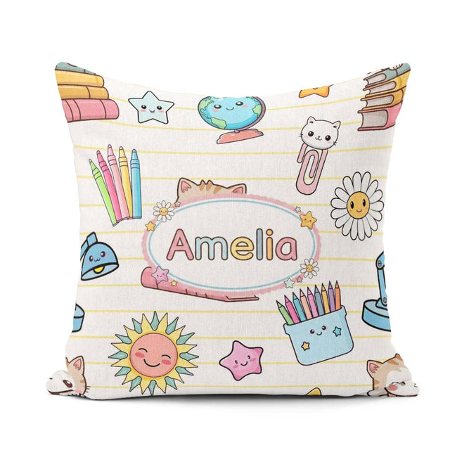 Custom Name Cute Kawaii School Cat Books Stationery Yellow Lines Square Filled Cushion Throw Pillow Sofa Bed Home Decor Zip Washable UK Made