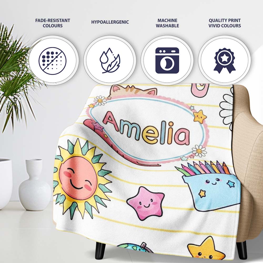 Cute Kawaii School Cat Books Stationery Pattern Yellow Lines Lovely  Personalised Custom Name Super Soft Fleece Blanket Bed Sofa Throw