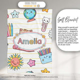 Cute Kawaii School Cat Books Stationery Pattern Yellow Lines Lovely  Personalised Custom Name Super Soft Fleece Blanket Bed Sofa Throw