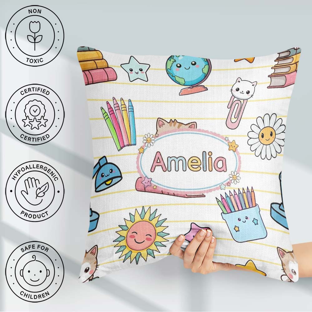 Custom Name Cute Kawaii School Cat Books Stationery Yellow Lines Square Filled Cushion Throw Pillow Sofa Bed Home Decor Zip Washable UK Made