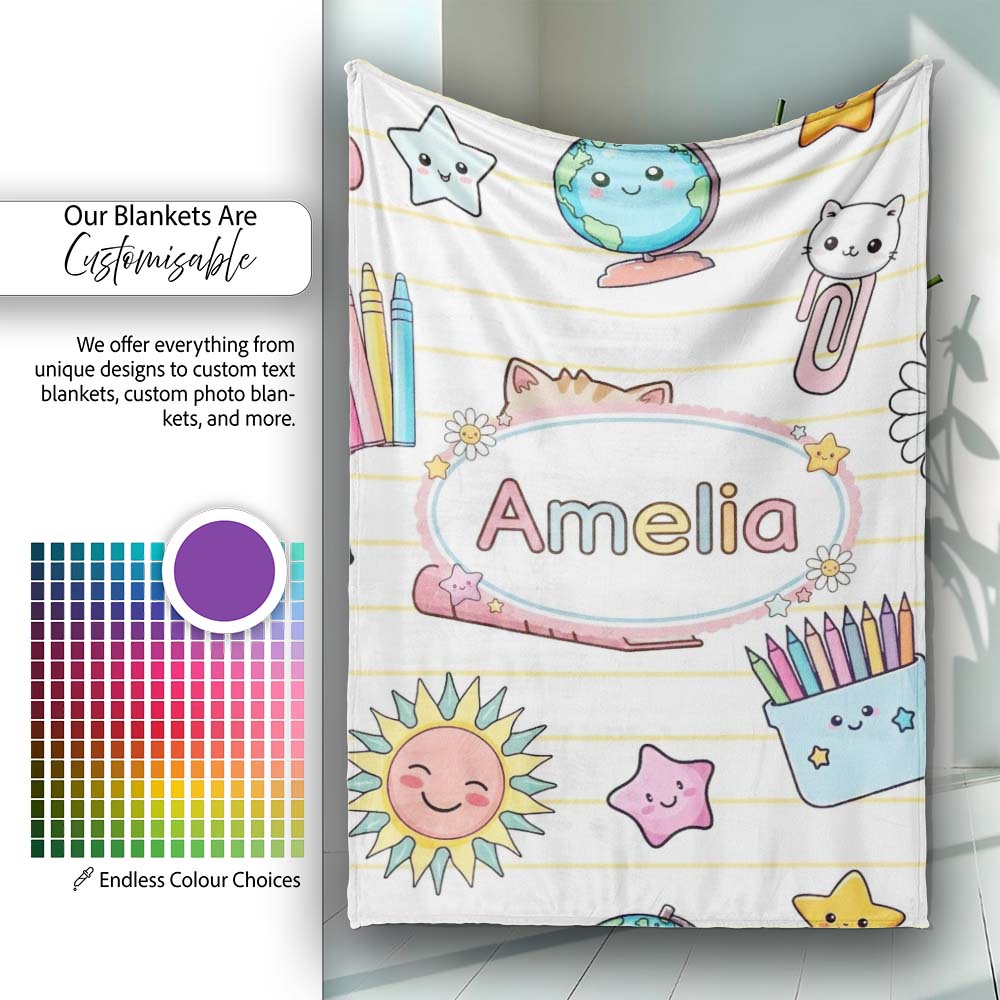 Cute Kawaii School Cat Books Stationery Pattern Yellow Lines Lovely  Personalised Custom Name Super Soft Fleece Blanket Bed Sofa Throw