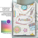 Cute Kawaii School Cat Books Stationery Pattern Yellow Lines Lovely  Personalised Custom Name Super Soft Fleece Blanket Bed Sofa Throw