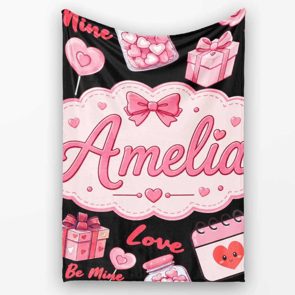 Cute Kawaii Valentine Love Hearts Gifts Seamless Pattern White  Personalised Custom Name Super Soft Fleece Blanket Bed Sofa Throw