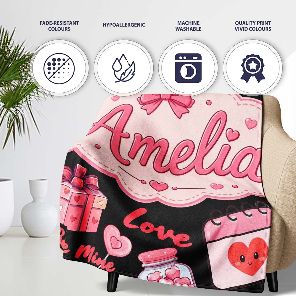 Cute Kawaii Valentine Love Hearts Gifts Seamless Pattern White  Personalised Custom Name Super Soft Fleece Blanket Bed Sofa Throw