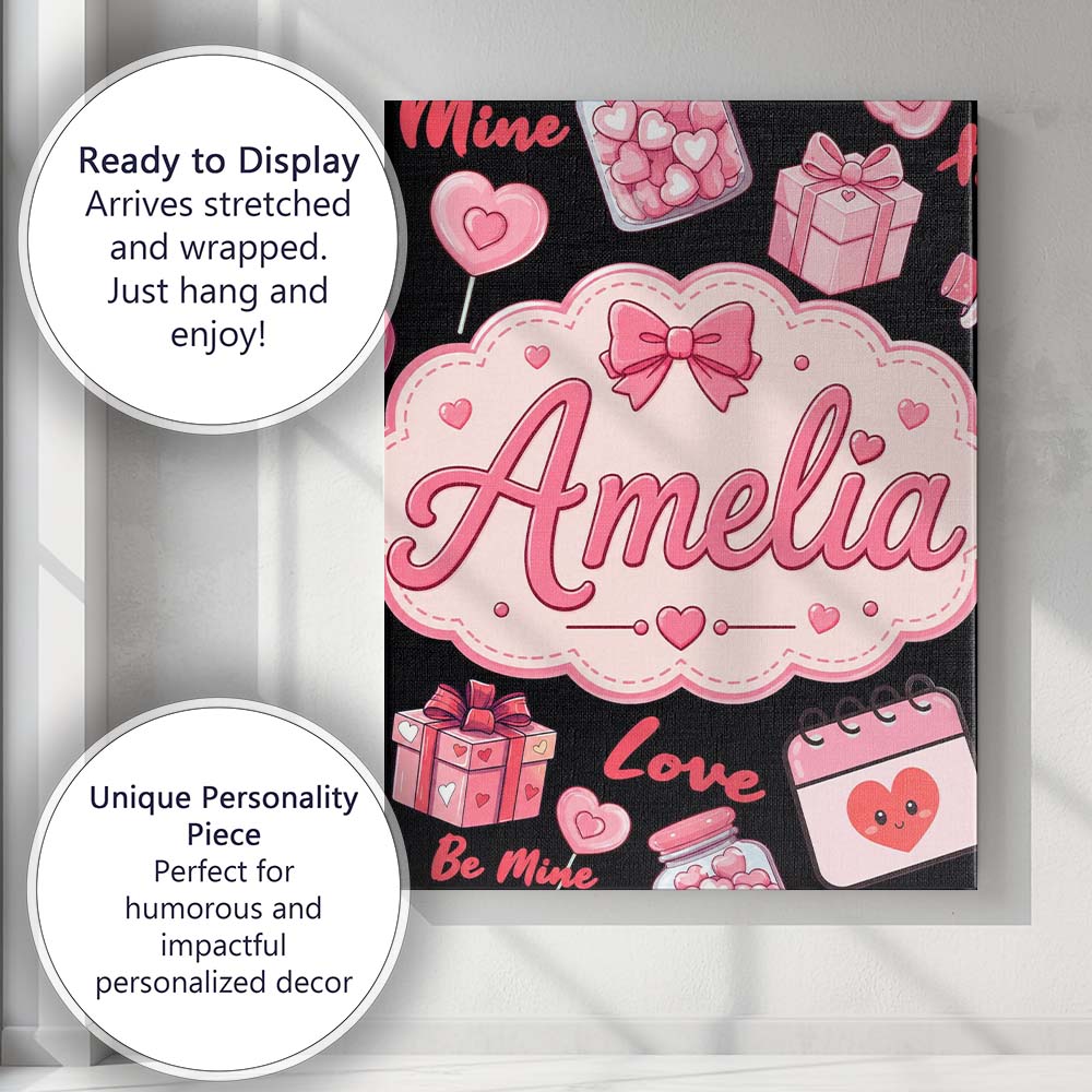 Personalised Name Cute Kawaii Valentine Custom  Modern Room Accent Elegant Feature Canvas Wall Art Print Decor Picture Ready to Hang