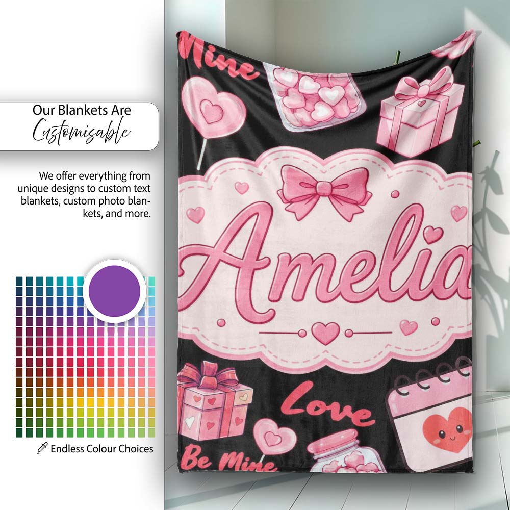 Cute Kawaii Valentine Love Hearts Gifts Seamless Pattern White  Personalised Custom Name Super Soft Fleece Blanket Bed Sofa Throw