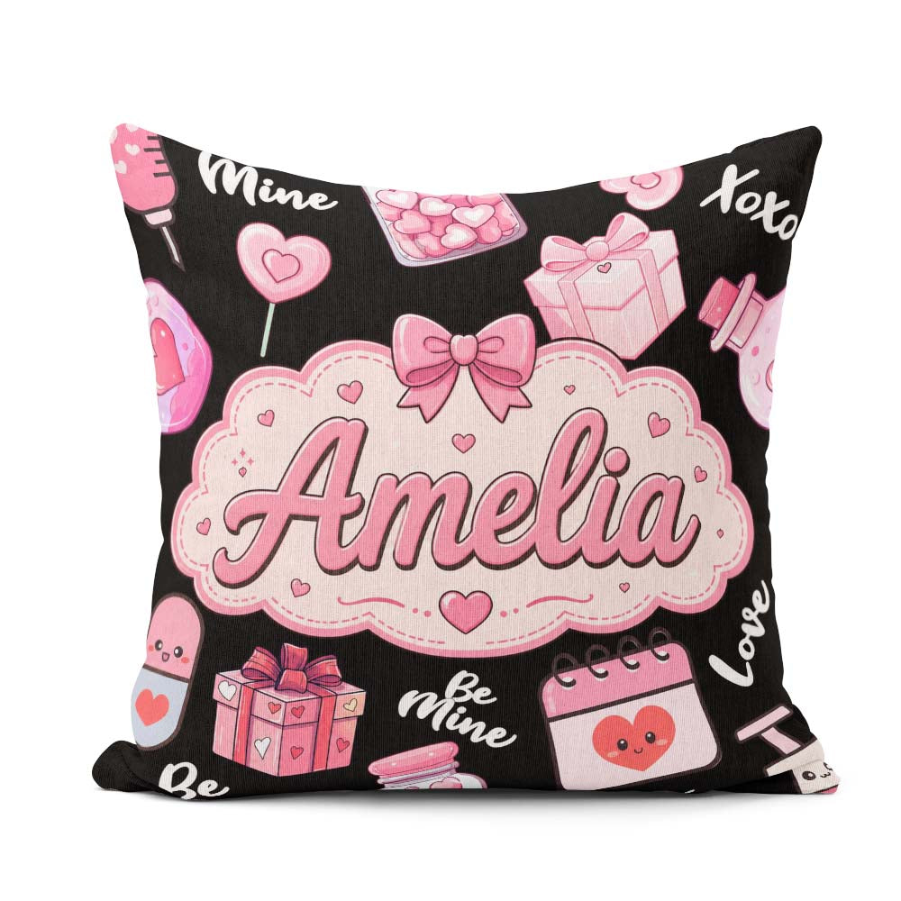 Custom Name Cute Kawaii Valentine Hearts Syringe Calendar Black Square Filled Cushion Throw Pillow Sofa Bed Home Decor Zip Washable UK Made