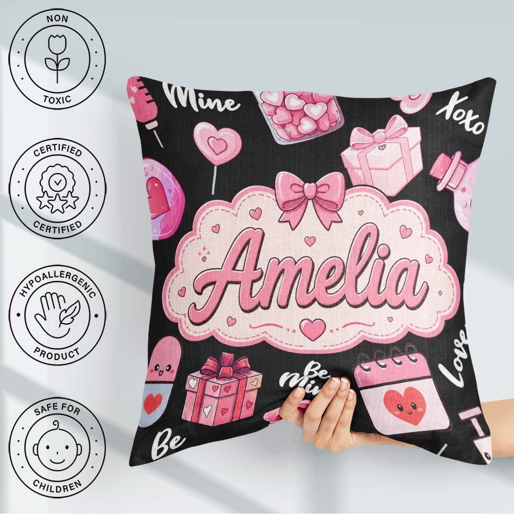 Custom Name Cute Kawaii Valentine Hearts Syringe Calendar Black Square Filled Cushion Throw Pillow Sofa Bed Home Decor Zip Washable UK Made