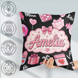 Custom Name Cute Kawaii Valentine Hearts Syringe Calendar Black Square Filled Cushion Throw Pillow Sofa Bed Home Decor Zip Washable UK Made