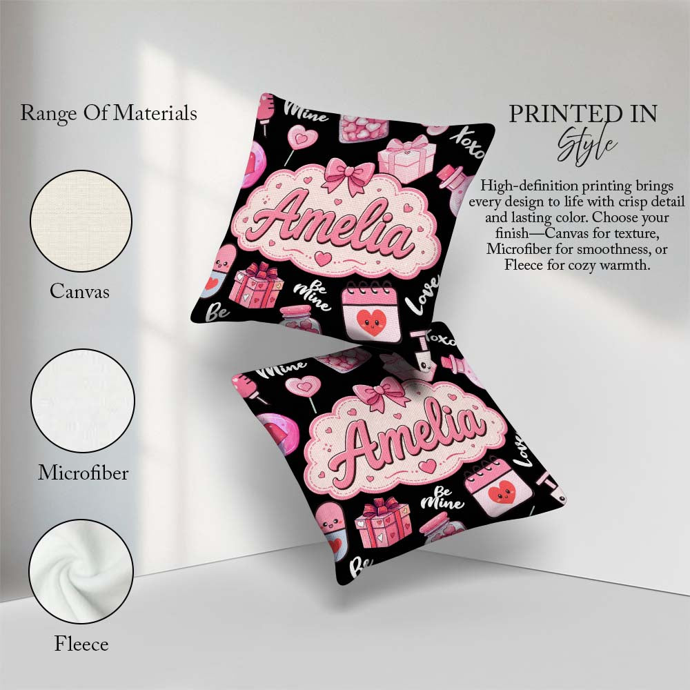 Custom Name Cute Kawaii Valentine Hearts Syringe Calendar Black Square Filled Cushion Throw Pillow Sofa Bed Home Decor Zip Washable UK Made