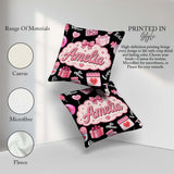 Custom Name Cute Kawaii Valentine Hearts Syringe Calendar Black Square Filled Cushion Throw Pillow Sofa Bed Home Decor Zip Washable UK Made