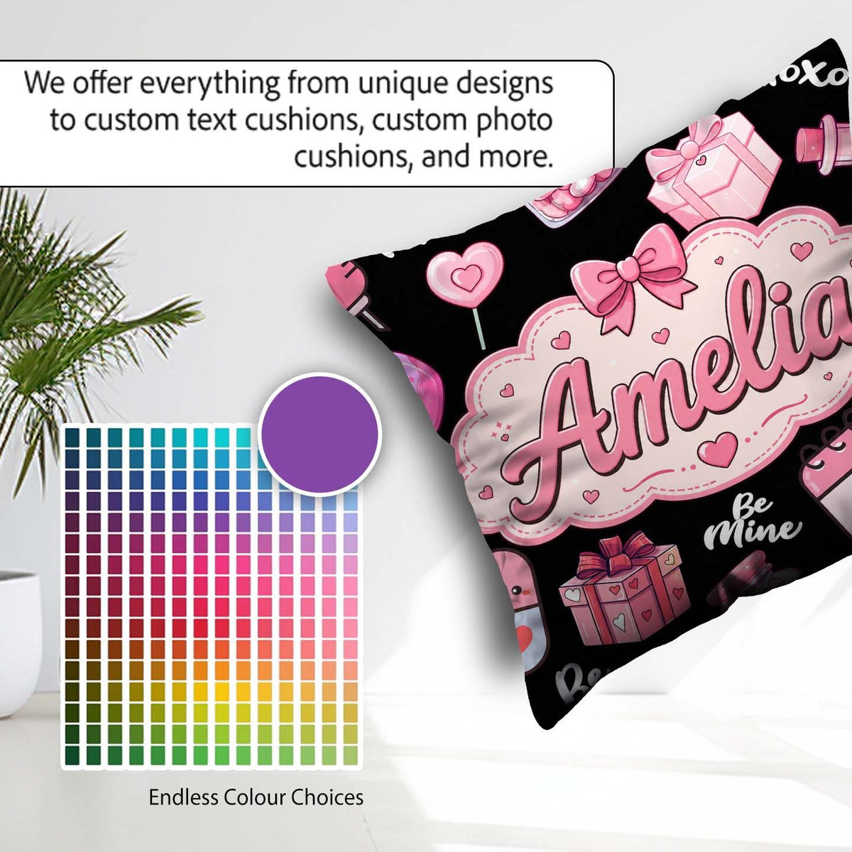 Custom Name Cute Kawaii Valentine Hearts Syringe Calendar Black Square Filled Cushion Throw Pillow Sofa Bed Home Decor Zip Washable UK Made
