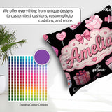 Custom Name Cute Kawaii Valentine Hearts Syringe Calendar Black Square Filled Cushion Throw Pillow Sofa Bed Home Decor Zip Washable UK Made