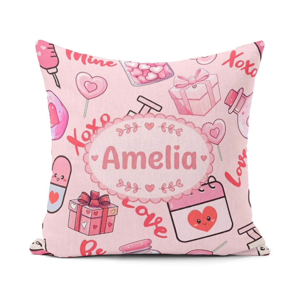 Custom Name Cute Kawaii Valentine Hearts Syringe Calendar Beige Square Filled Cushion Throw Pillow Sofa Bed Home Decor Zip Washable UK Made