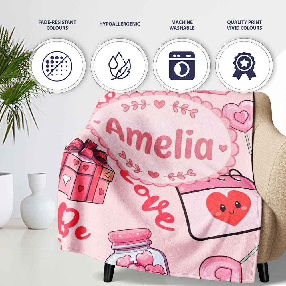 Cute Kawaii Valentine Love Hearts Syringe Gift Calendar Beige Lovely  Personalised Custom Name Super Soft Fleece Blanket Bed Sofa Throw