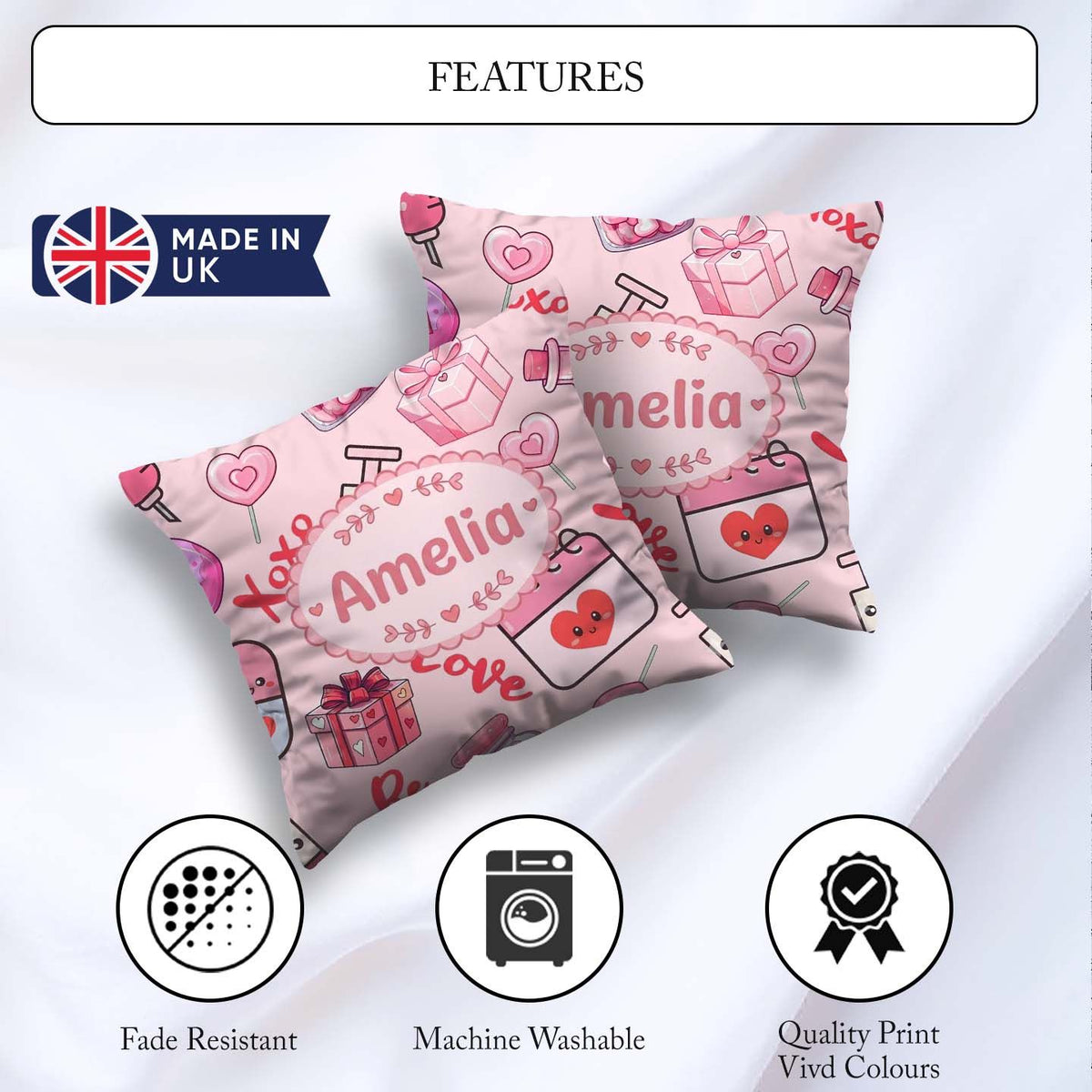Custom Name Cute Kawaii Valentine Hearts Syringe Calendar Beige Square Filled Cushion Throw Pillow Sofa Bed Home Decor Zip Washable UK Made