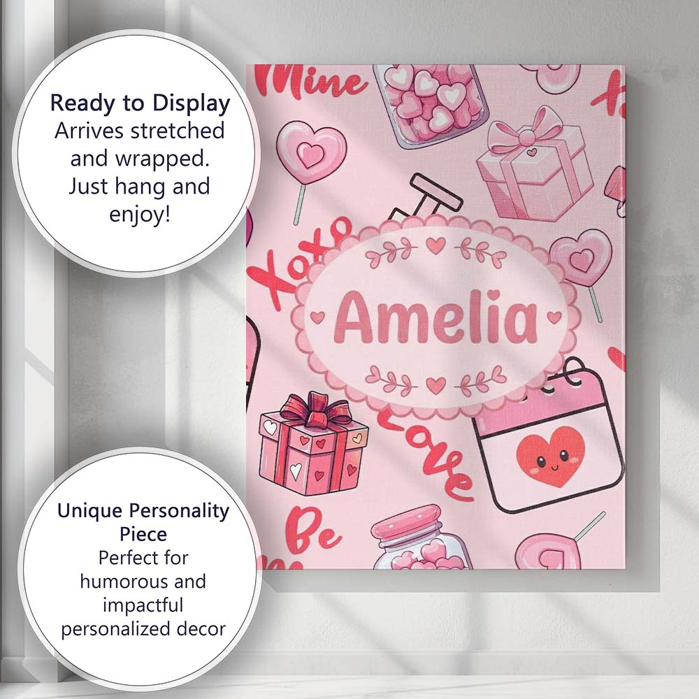 Personalised Name Cute Kawaii Valentine Custom  Modern Room Accent Elegant Feature Canvas Wall Art Print Decor Picture Ready to Hang