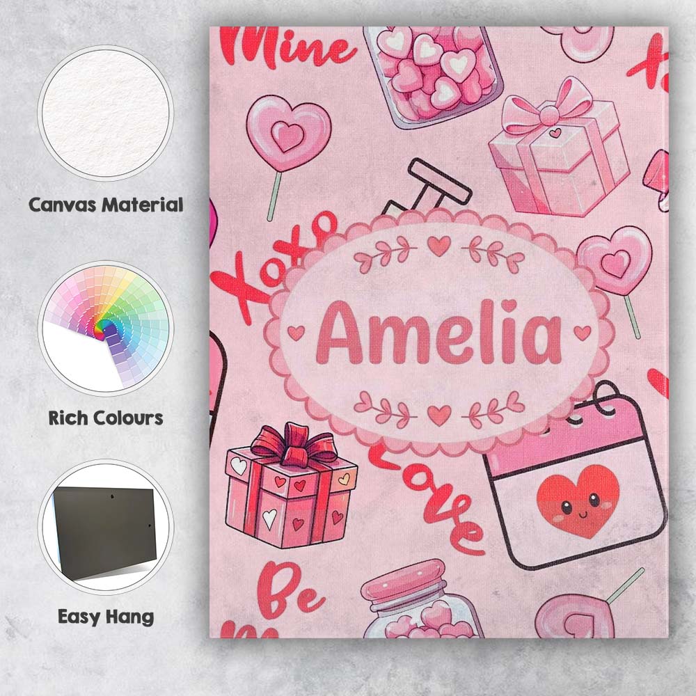Personalised Name Cute Kawaii Valentine Custom  Modern Room Accent Elegant Feature Canvas Wall Art Print Decor Picture Ready to Hang