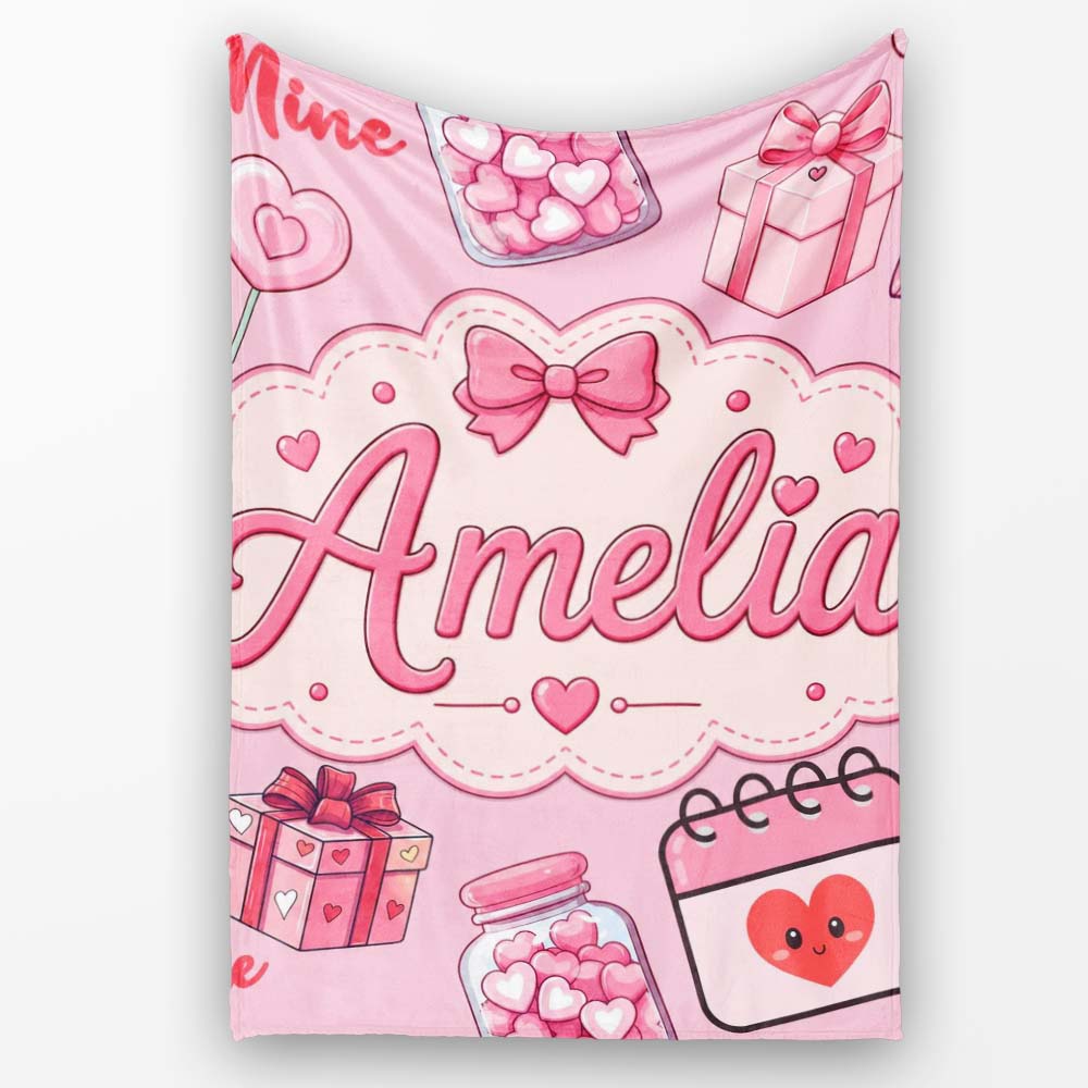Cute Kawaii Valentine Love Hearts Syringe Gift Calendar Blush Pink  Personalised Custom Name Super Soft Fleece Blanket Bed Sofa Throw