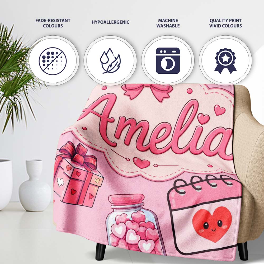 Cute Kawaii Valentine Love Hearts Syringe Gift Calendar Blush Pink  Personalised Custom Name Super Soft Fleece Blanket Bed Sofa Throw