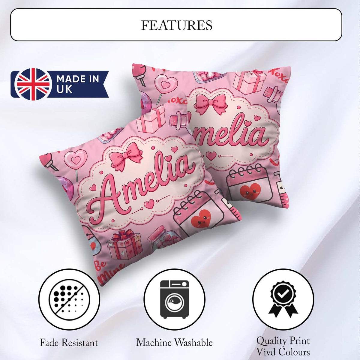 Custom Name Kawaii Valentine Hearts Syringe Calendar Blush Pink Square Filled Cushion Throw Pillow Sofa Bed Home Decor Zip Washable UK Made