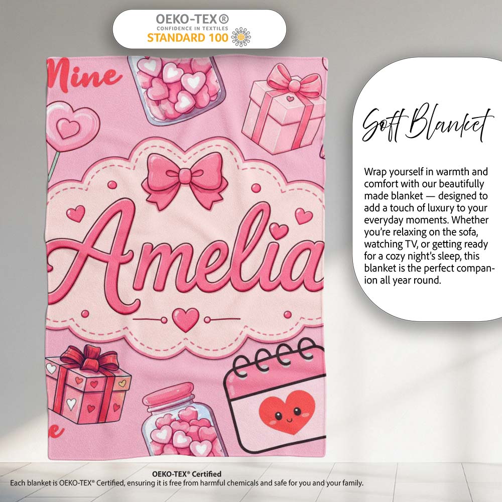 Cute Kawaii Valentine Love Hearts Syringe Gift Calendar Blush Pink  Personalised Custom Name Super Soft Fleece Blanket Bed Sofa Throw