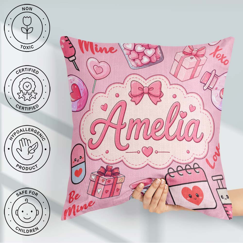 Custom Name Kawaii Valentine Hearts Syringe Calendar Blush Pink Square Filled Cushion Throw Pillow Sofa Bed Home Decor Zip Washable UK Made