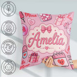 Custom Name Kawaii Valentine Hearts Syringe Calendar Blush Pink Square Filled Cushion Throw Pillow Sofa Bed Home Decor Zip Washable UK Made