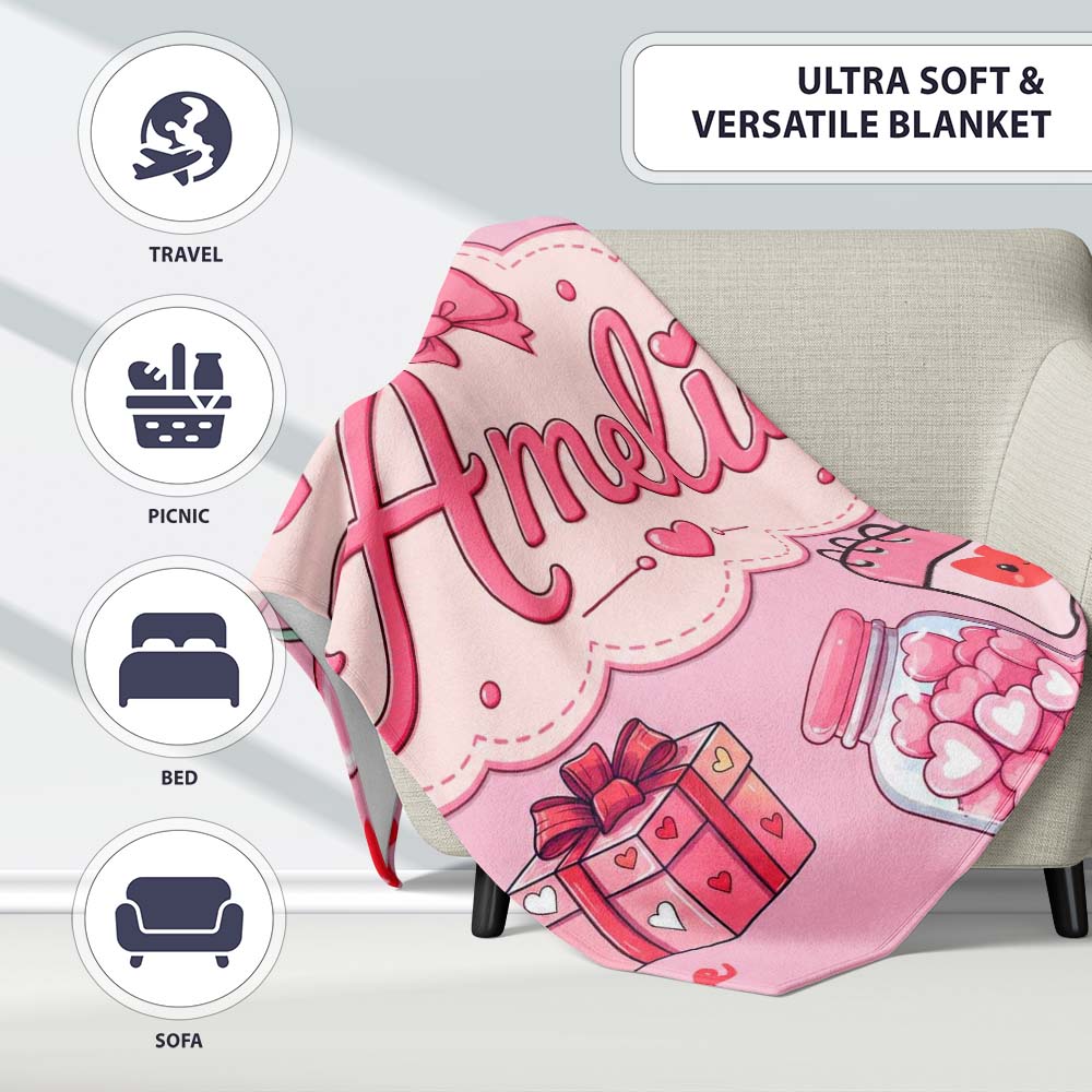 Cute Kawaii Valentine Love Hearts Syringe Gift Calendar Blush Pink  Personalised Custom Name Super Soft Fleece Blanket Bed Sofa Throw