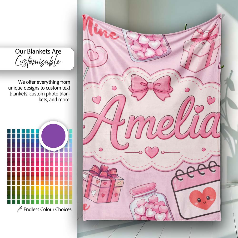 Cute Kawaii Valentine Love Hearts Syringe Gift Calendar Blush Pink  Personalised Custom Name Super Soft Fleece Blanket Bed Sofa Throw
