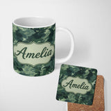 Personalized Custom Name Muted Sage Camouflage Seamless Pattern Thoughtful Gift Idea Lovely 11oz Ceramic Coffee Tea Mug White Large Handle
