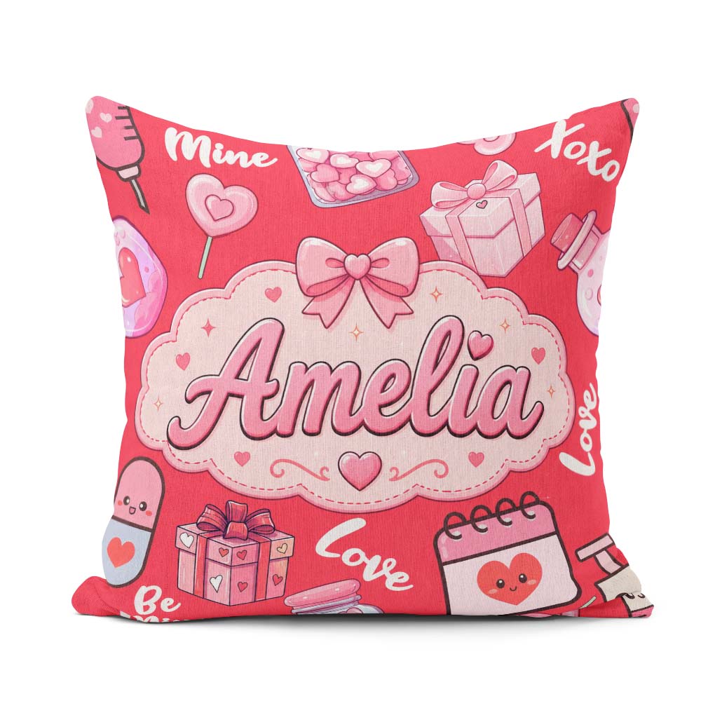 Custom Name Kawaii Valentine Hearts Syringe Calendar Pattern Red Square Filled Cushion Throw Pillow Sofa Bed Home Decor Zip Washable UK Made
