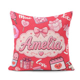 Custom Name Kawaii Valentine Hearts Syringe Calendar Pattern Red Square Filled Cushion Throw Pillow Sofa Bed Home Decor Zip Washable UK Made