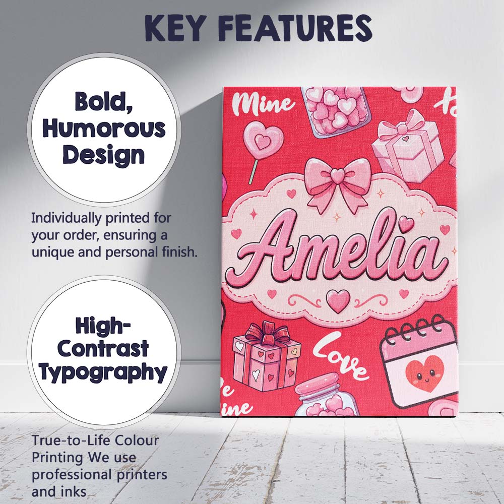 Personalised Name Cute Kawaii Valentine Custom  Modern Room Accent Elegant Feature Canvas Wall Art Print Decor Picture Ready to Hang