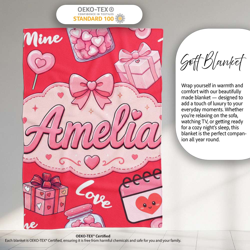 Cute Kawaii Valentine Love Hearts Syringe Gift Calendar Pattern Red  Personalised Custom Name Super Soft Fleece Blanket Bed Sofa Throw