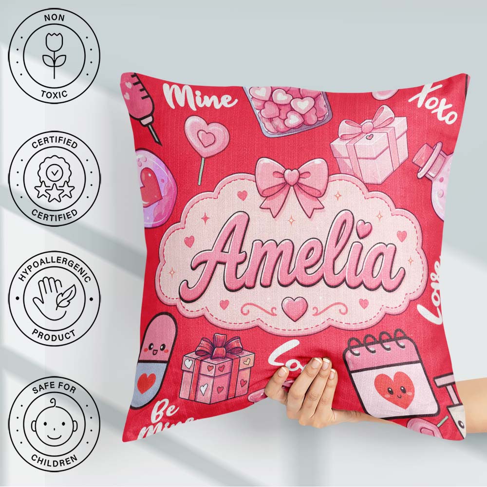 Custom Name Kawaii Valentine Hearts Syringe Calendar Pattern Red Square Filled Cushion Throw Pillow Sofa Bed Home Decor Zip Washable UK Made