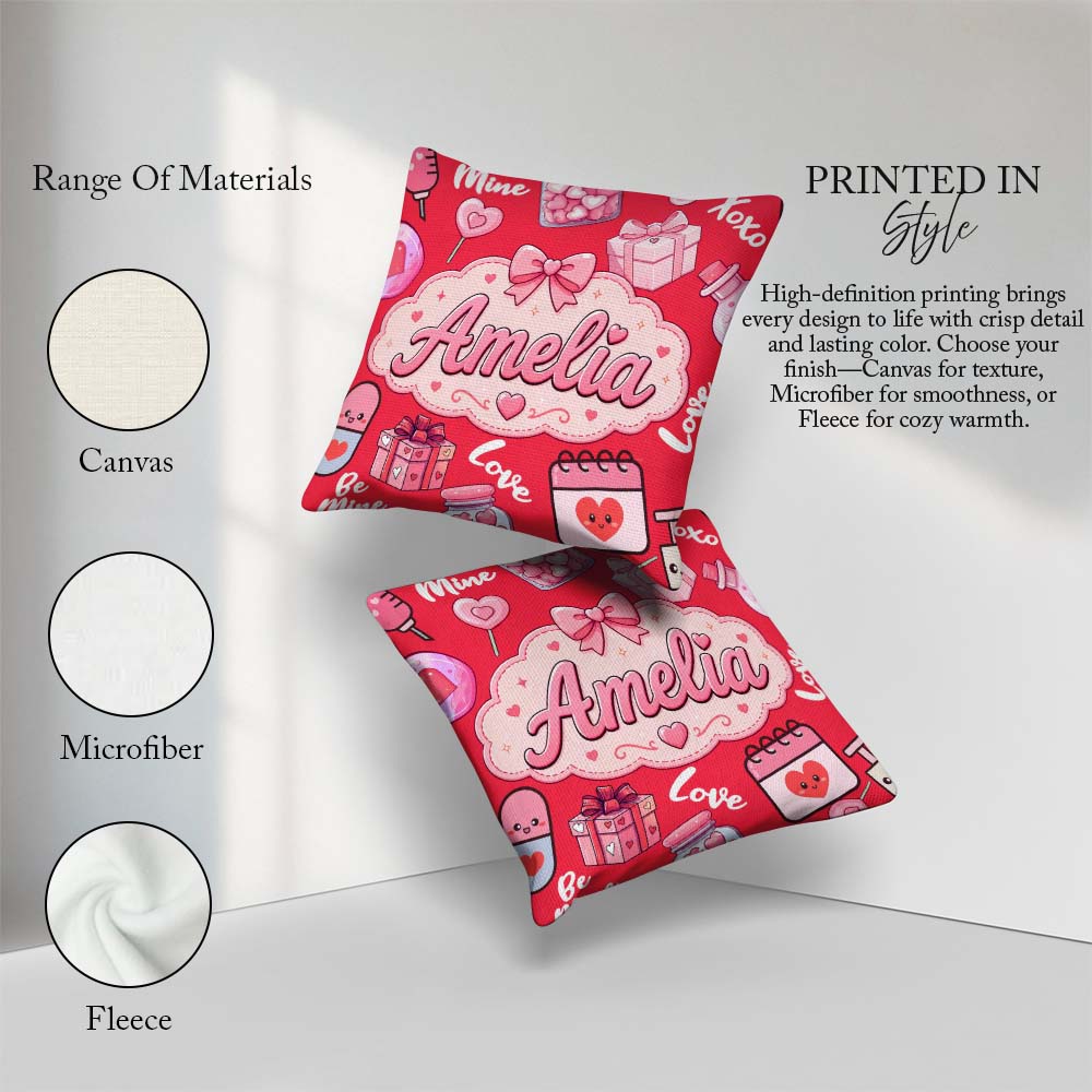 Custom Name Kawaii Valentine Hearts Syringe Calendar Pattern Red Square Filled Cushion Throw Pillow Sofa Bed Home Decor Zip Washable UK Made