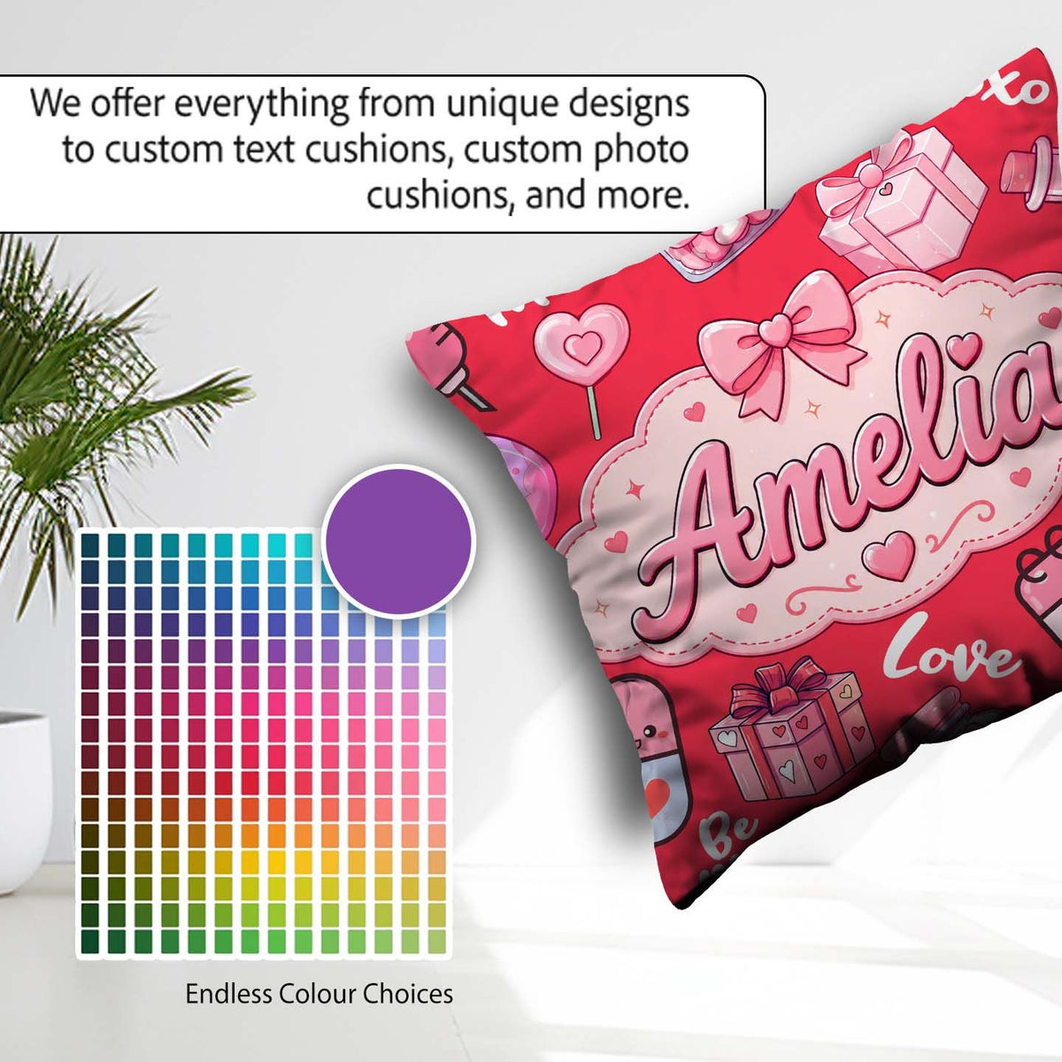 Custom Name Kawaii Valentine Hearts Syringe Calendar Pattern Red Square Filled Cushion Throw Pillow Sofa Bed Home Decor Zip Washable UK Made