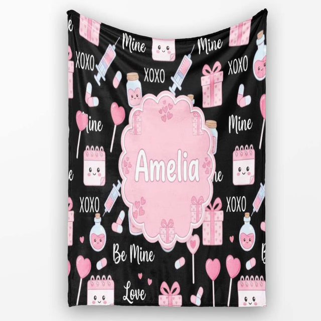 Cute Kawaii Valentine Love Hearts Syringe Gift Calendar Light Grey  Personalised Custom Name Super Soft Fleece Blanket Bed Sofa Throw